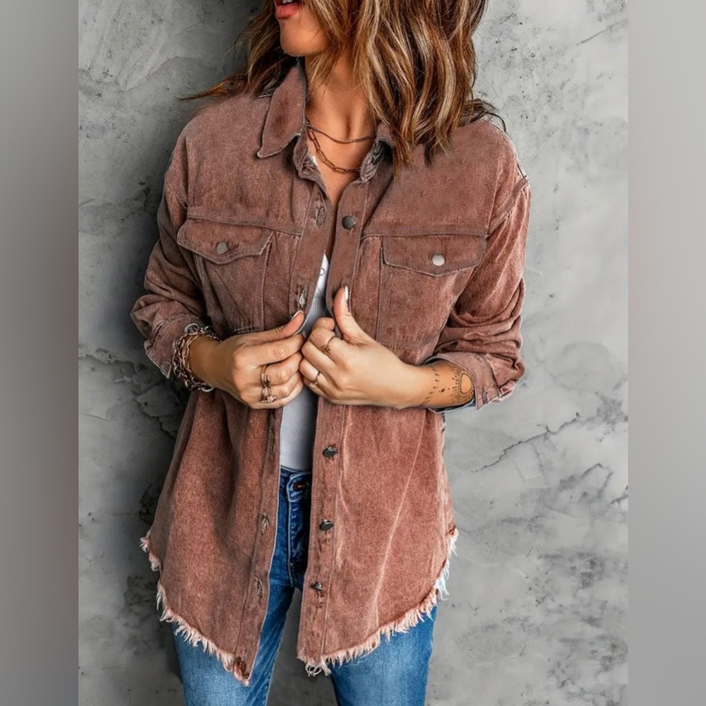 It is Well Boutique; Brown Frayed Hem Long Denim Jacket; Loose Fit; Medium; NWT